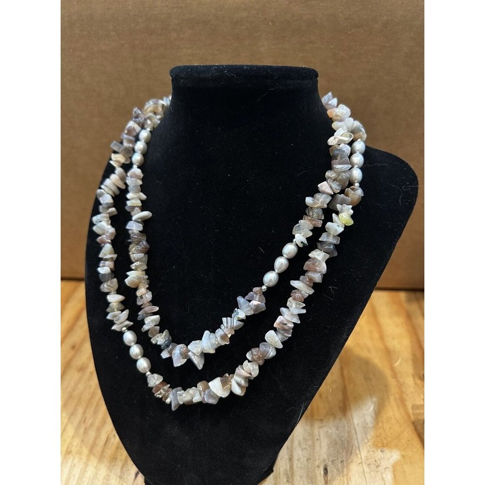Polished Pebble Stone & Pearl Long Line Necklace 35” JTV
